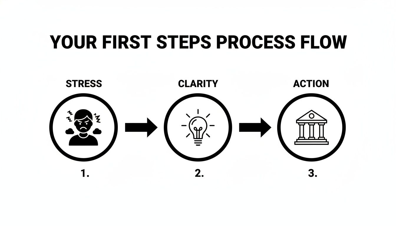 A process flow diagram illustrating the steps from stress to clarity to action with icons.
