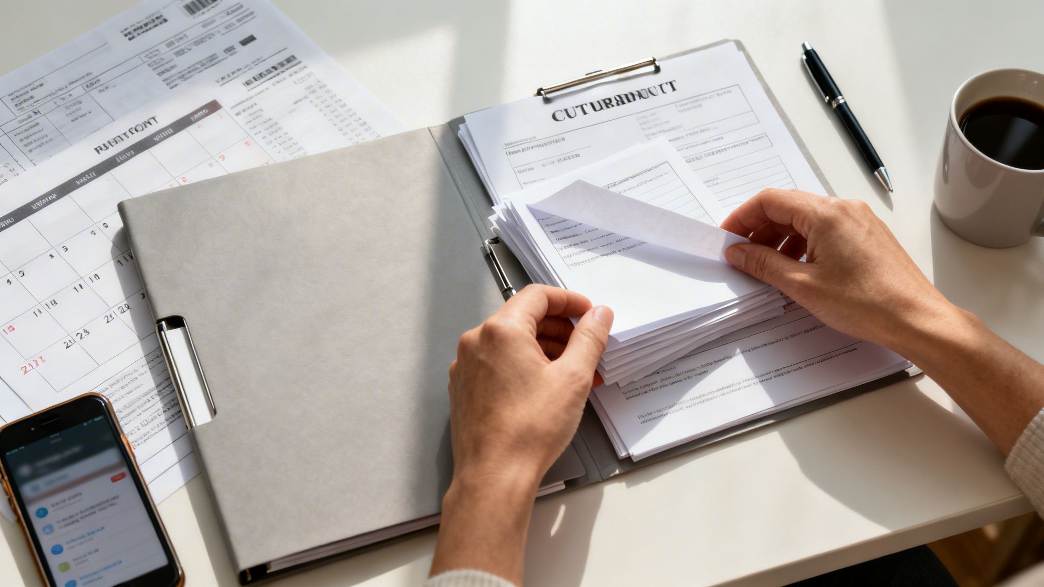 Hands organizing financial documents in a binder on a white desk with a calendar, phone, pen, and coffee.