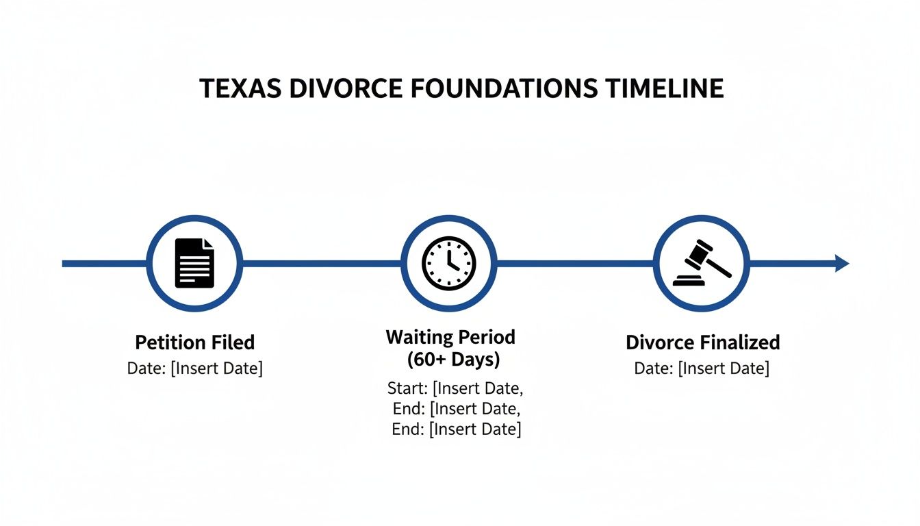 A timeline illustrating the Texas divorce process: Petition Filed, Waiting Period, Divorce Finalized.