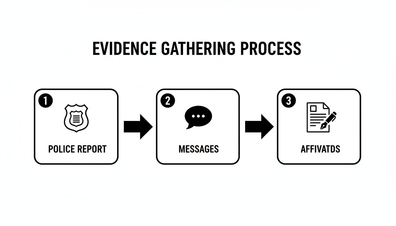 Flowchart illustrating the evidence gathering process: police report, messages, and affidavits.