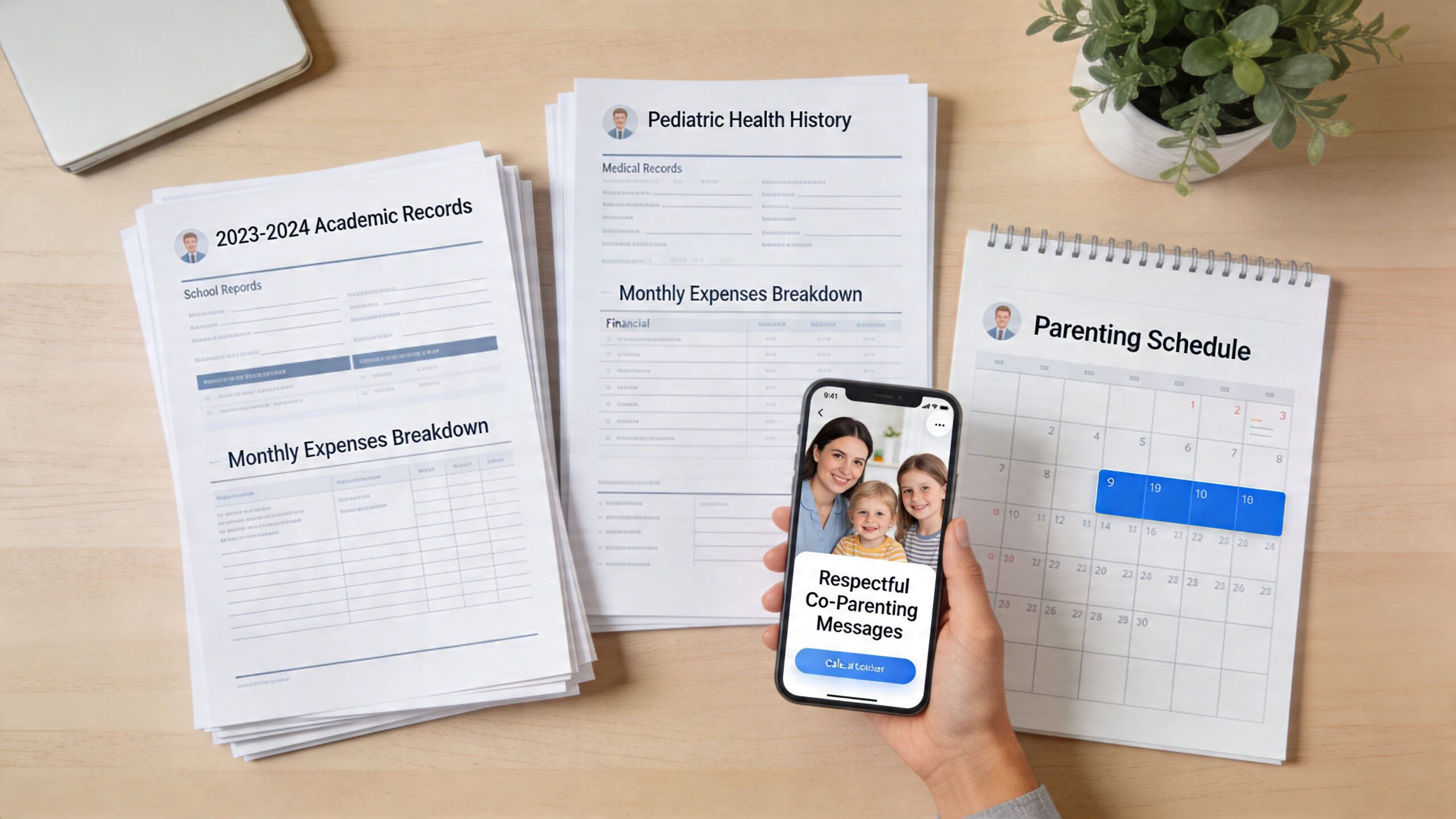 A wooden desk with paperwork, a parenting schedule calendar, and a smartphone displaying a family co-parenting app.