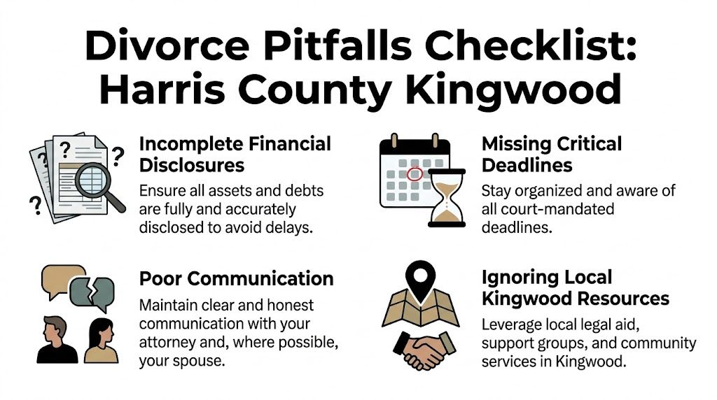 An infographic titled Divorce Pitfalls Checklist for Harris County Kingwood highlighting essential tips for legal proceedings.