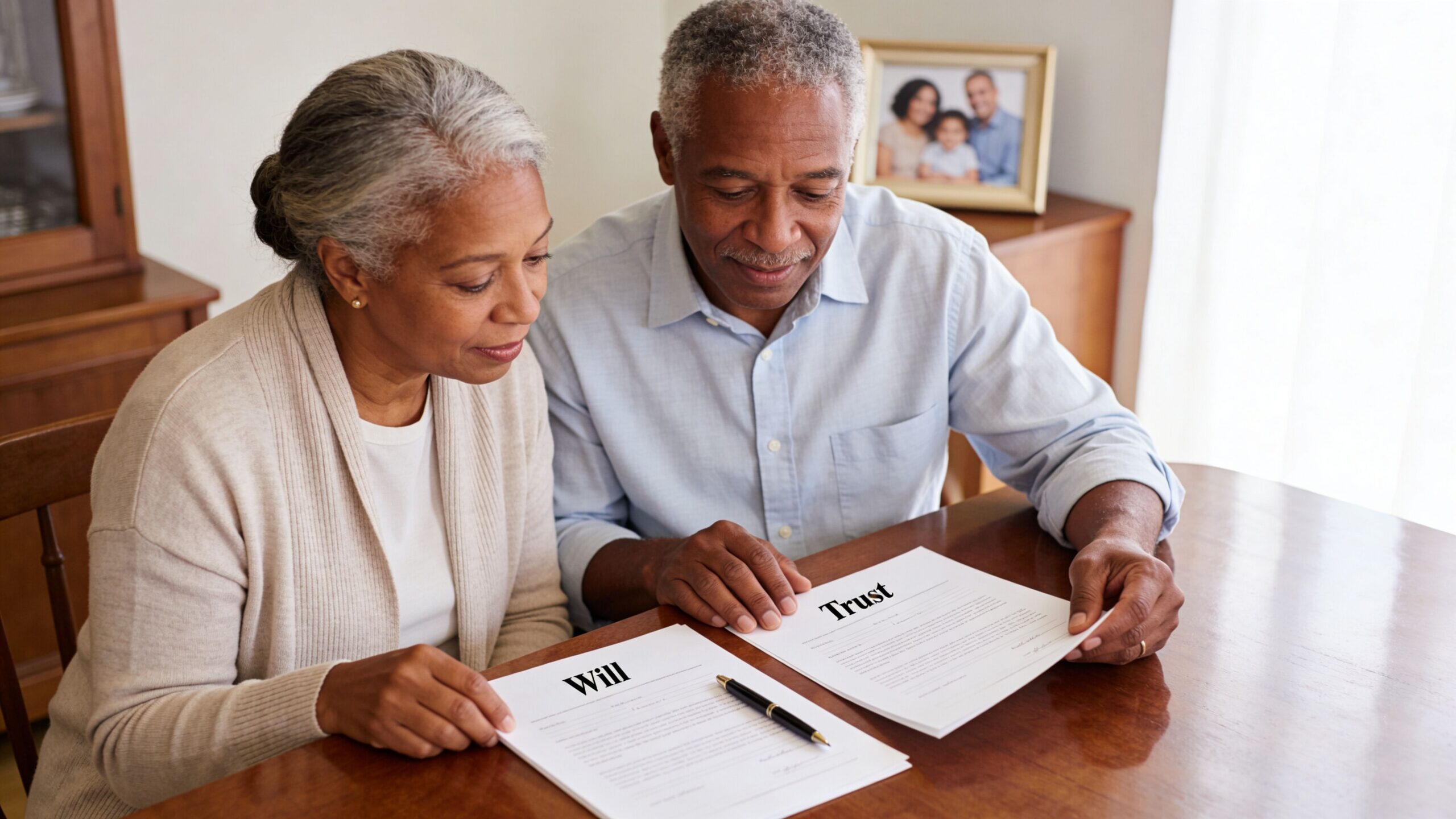 A senior African American couple reviewing legal documents including a will and trust at a wooden table.