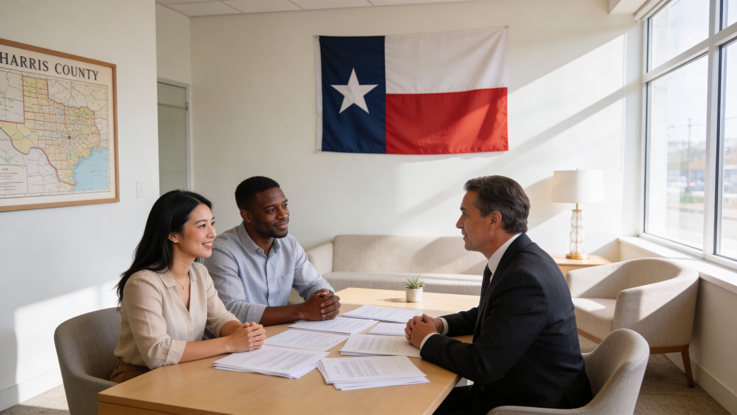 A professional meeting between a couple and their lawyer in an office with a Texas flag.
