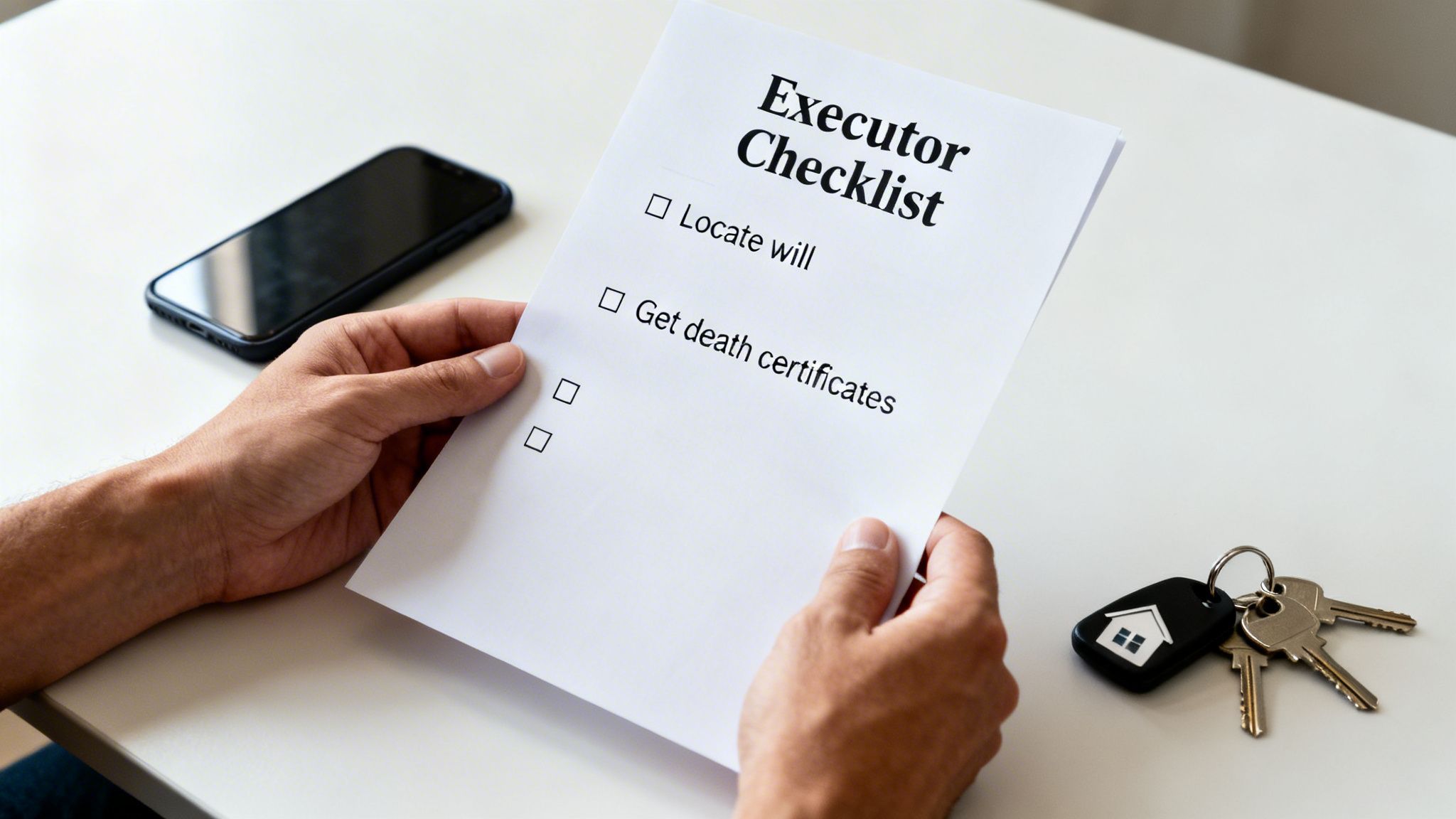 Person holds Executor Checklist for estate tasks like locating will and getting death certificates.
