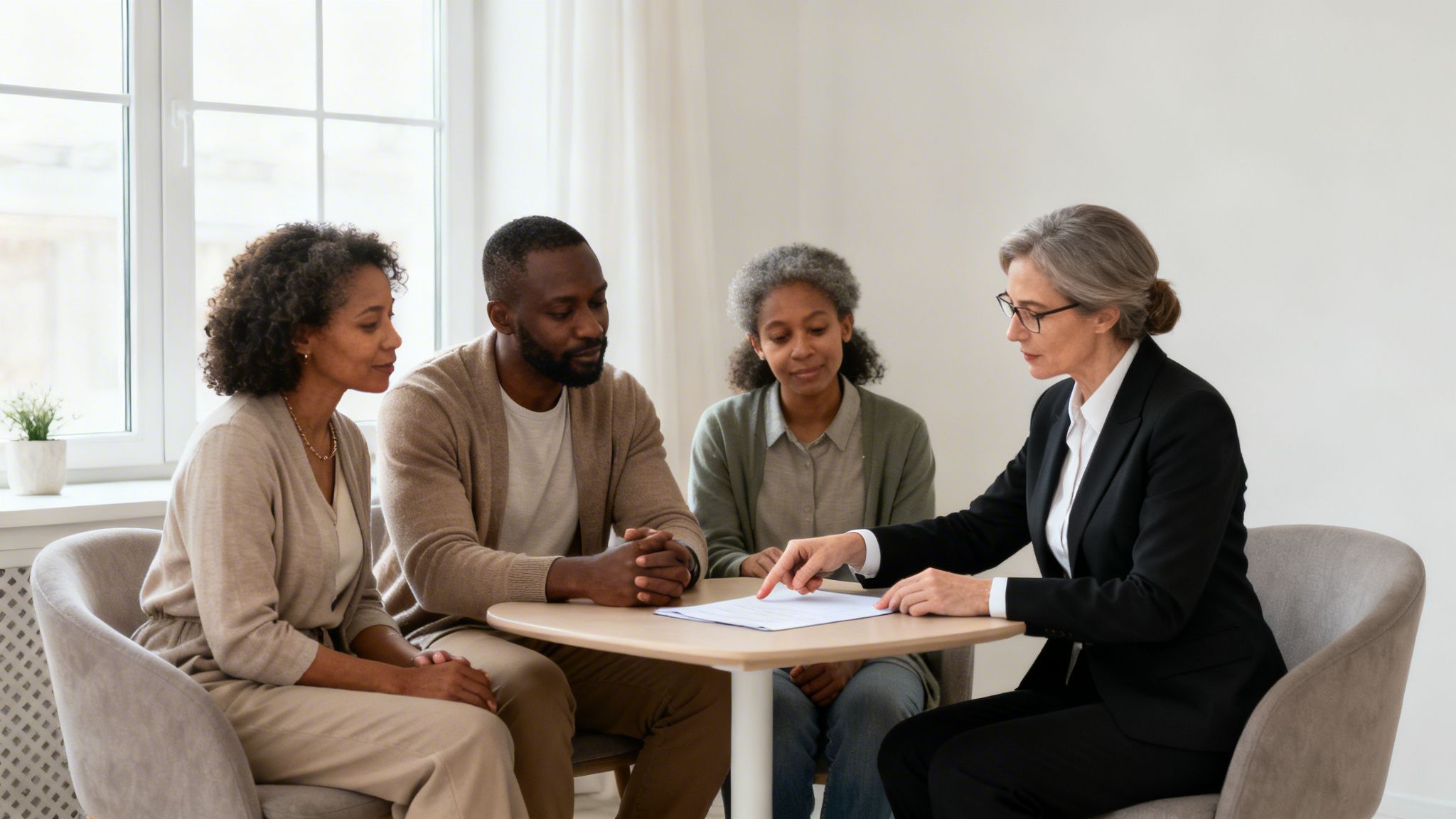 An attorney consults with a diverse family of three, pointing to important documents on a table.