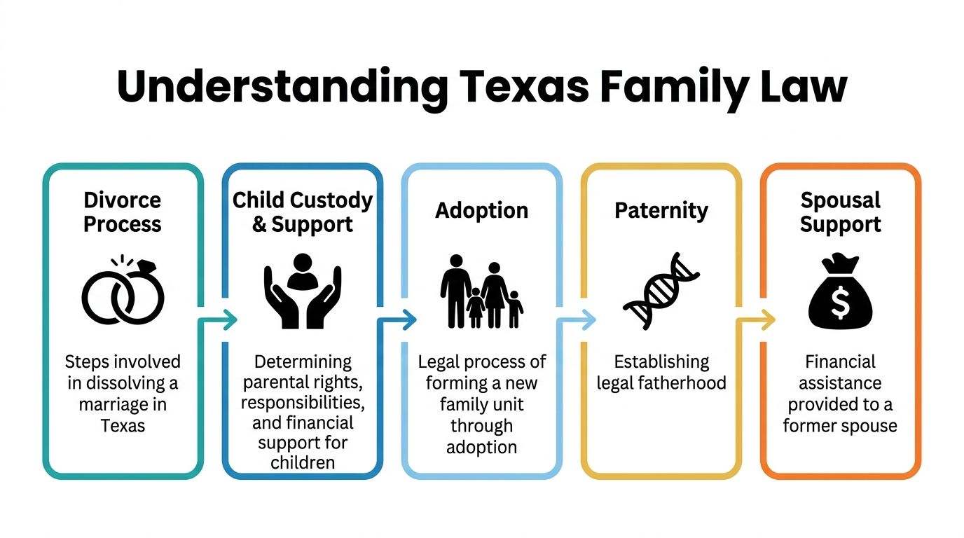 An infographic titled Understanding Texas Family Law, highlighting divorce, child custody, adoption, paternity, and spousal support topics.