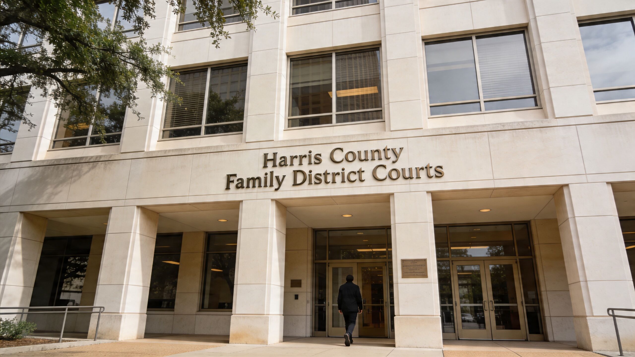 A person walking into the Harris County Family District Courts building during the day.