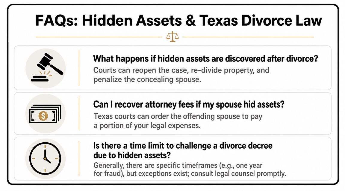 An infographic titled FAQs: Hidden Assets & Texas Divorce Law explaining consequences and legal remedies for hidden assets.