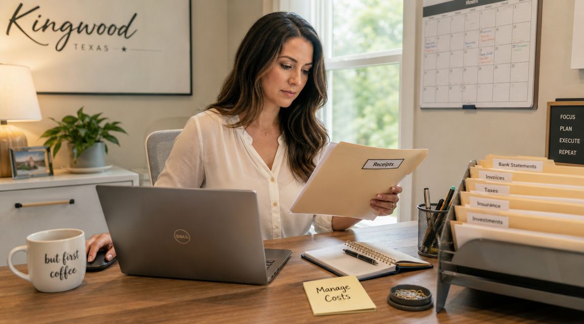 A professional woman organizing financial receipts at a desk in her Kingwood, Texas home office.
