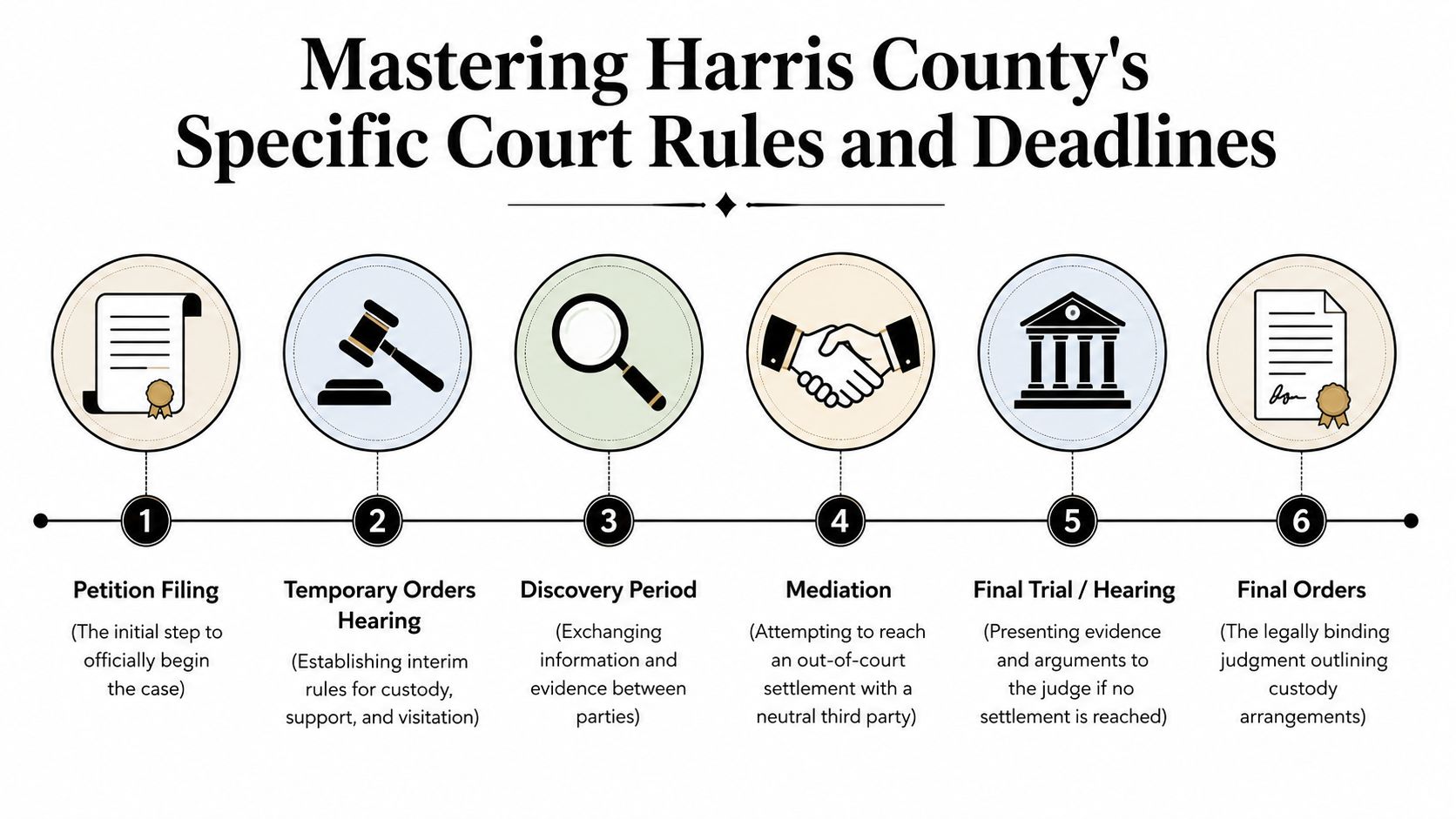 A six-step infographic detailing the legal process for family custody cases in Harris County, Texas.