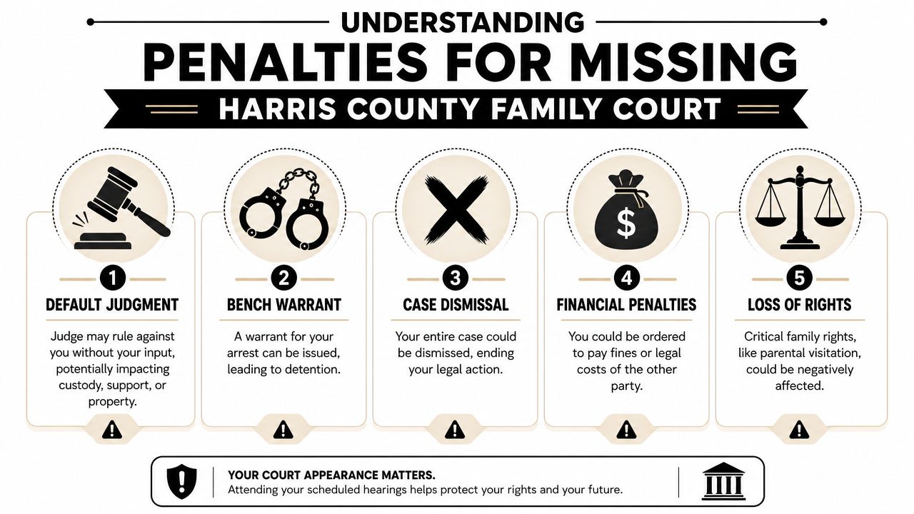 An infographic detailing five potential legal consequences for missing a scheduled Harris County Family Court appearance.