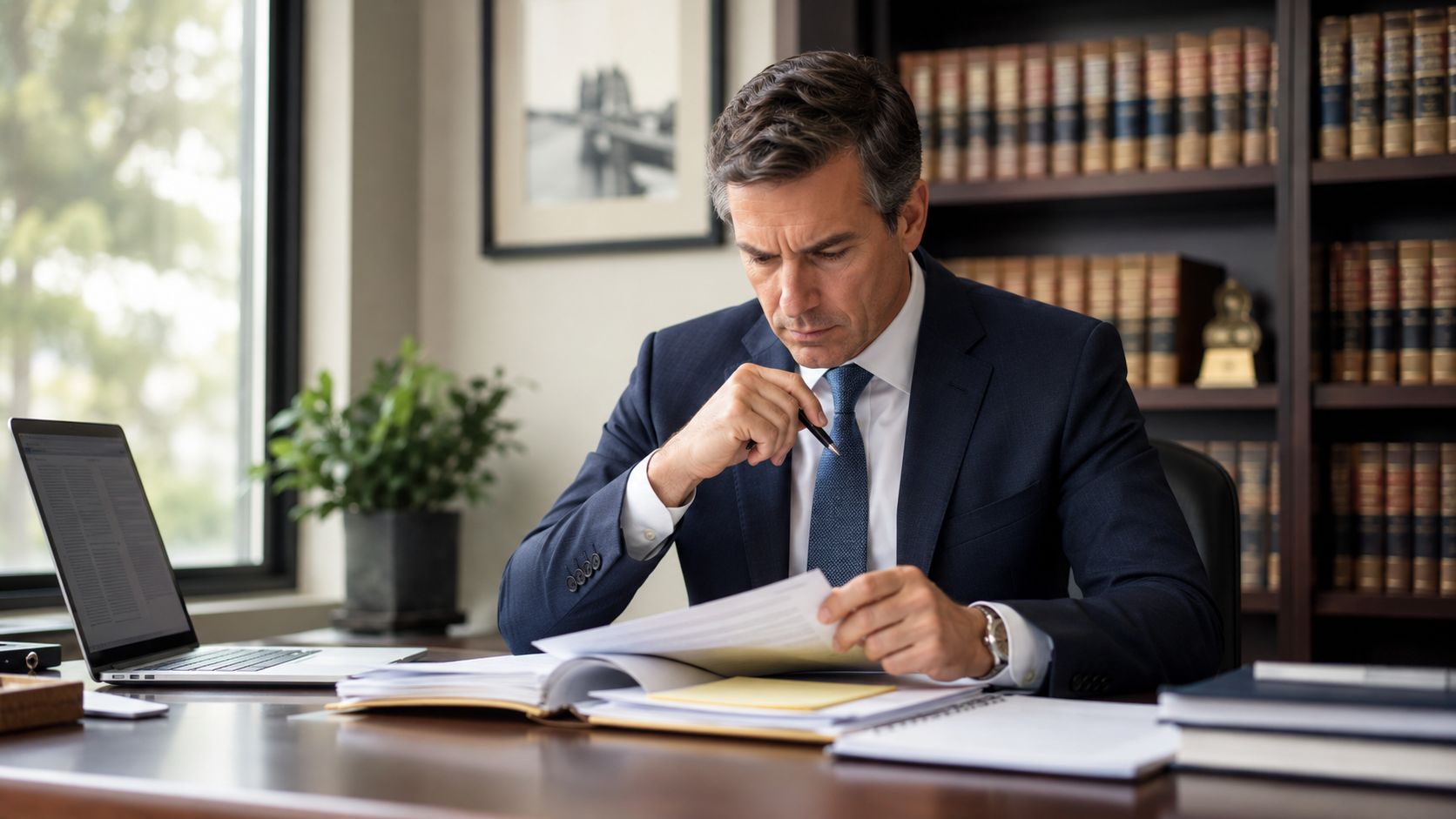 A professional attorney in a suit sitting at his desk, reviewing legal documents in his law office.