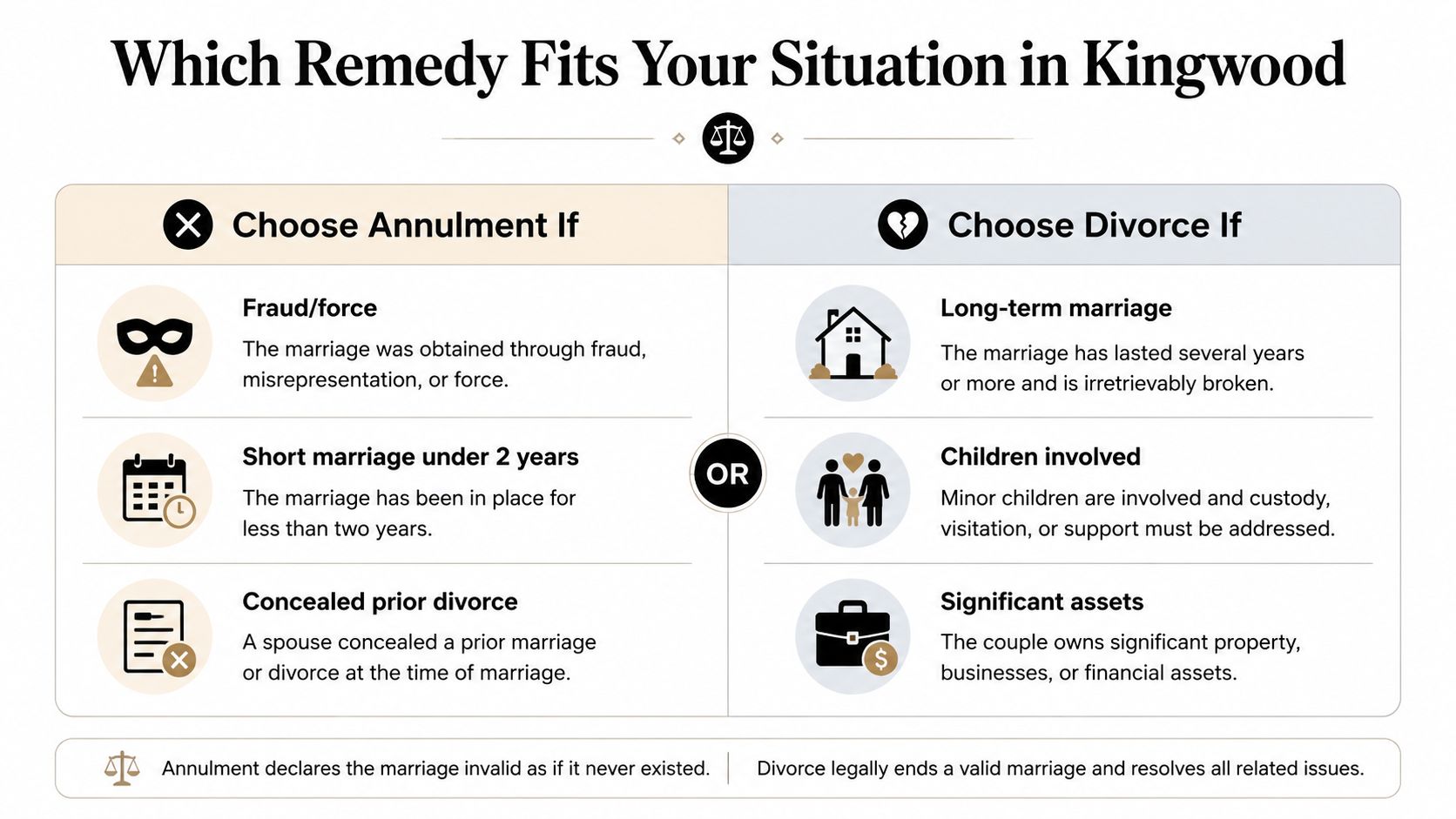 A comparative guide in Kingwood explaining the differences between annulment and divorce for legal decision-making.