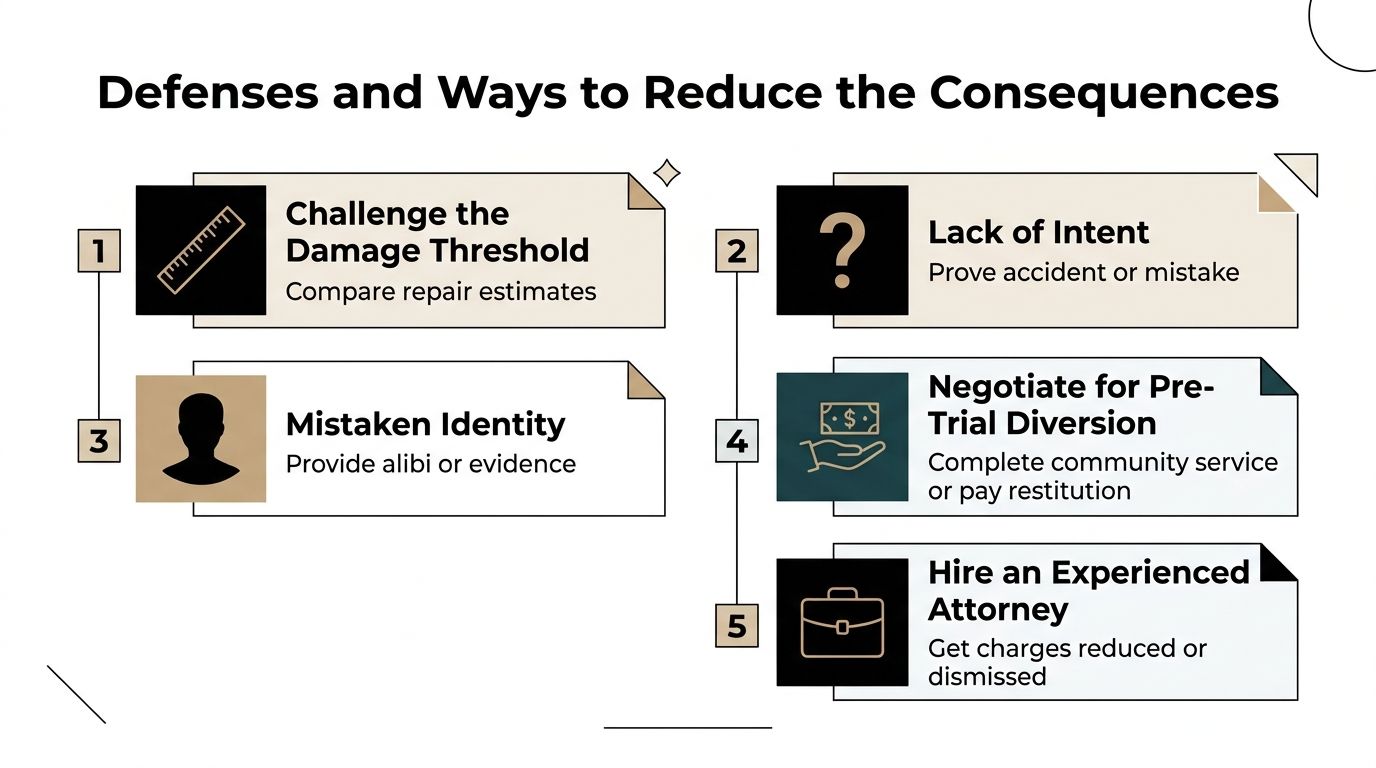 An infographic titled Defenses and Ways to Reduce the Consequences, outlining five legal strategies for criminal charges.