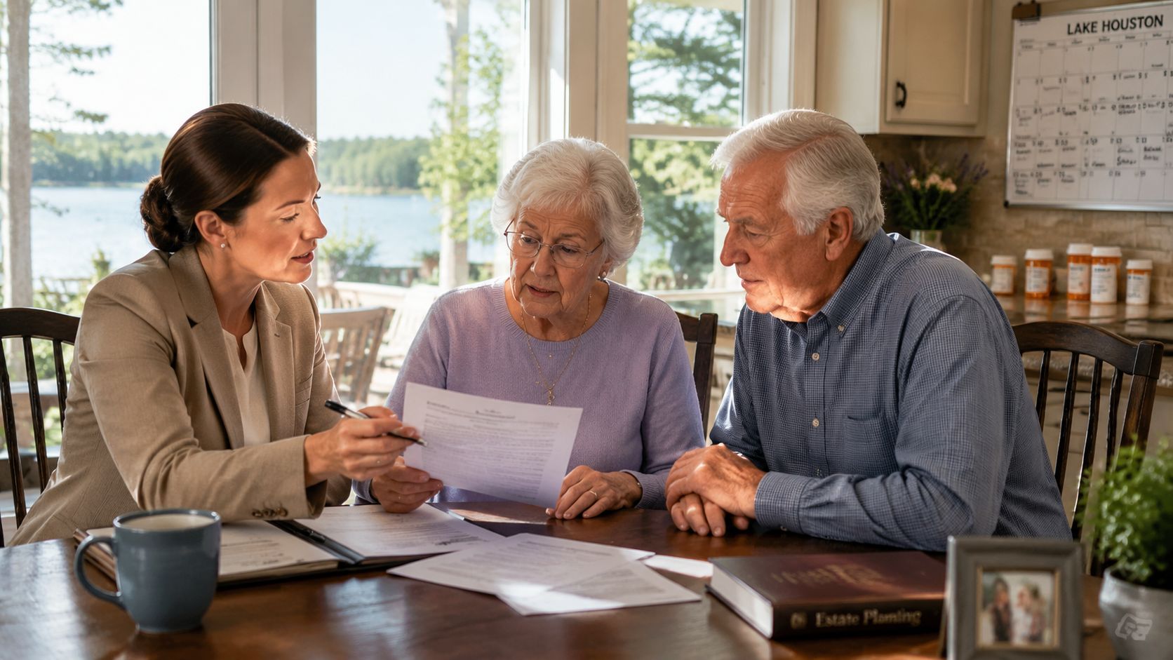 A professional estate planning attorney discusses legal documents with an elderly couple at their kitchen table.