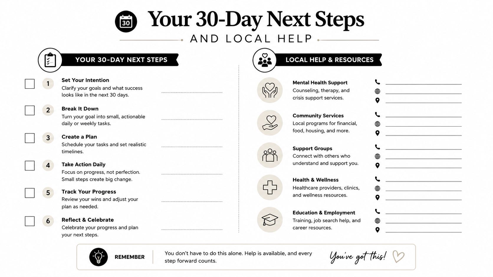 A 30-day checklist template titled Your 30-Day Next Steps with local help resources for personal growth.