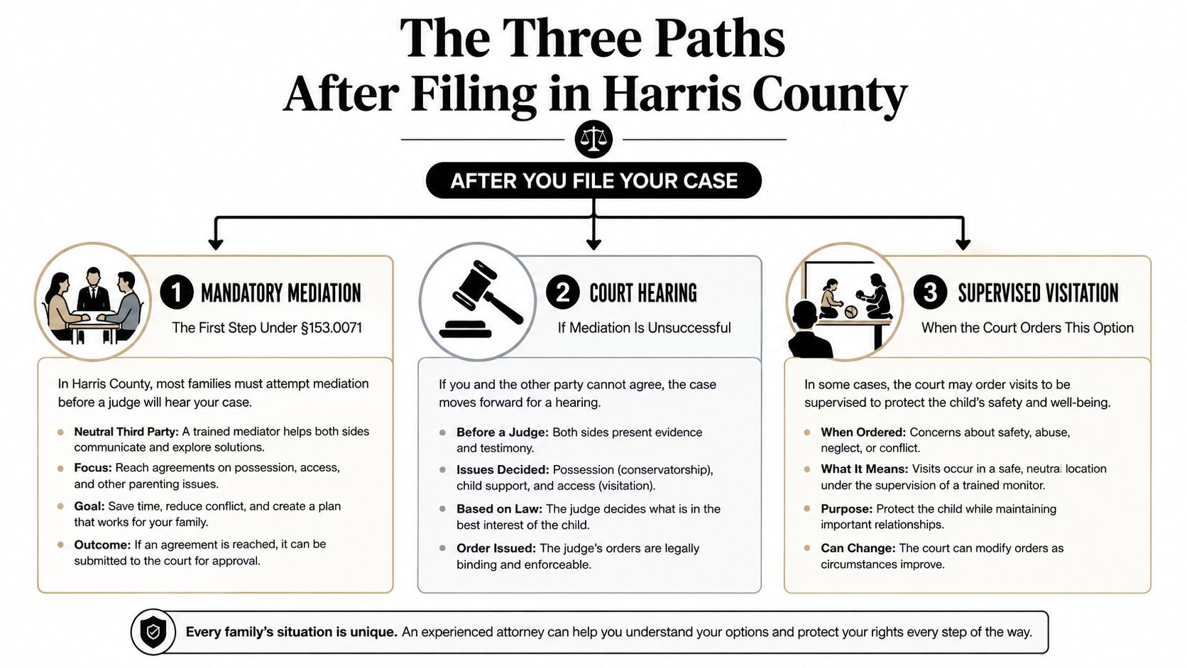 A diagram illustrating three legal paths for families after filing a court case in Harris County.