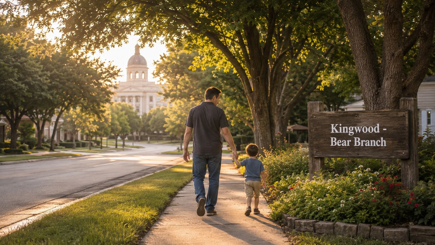 A father and son holding hands walking down a sidewalk near a Kingwood Bear Branch community sign.