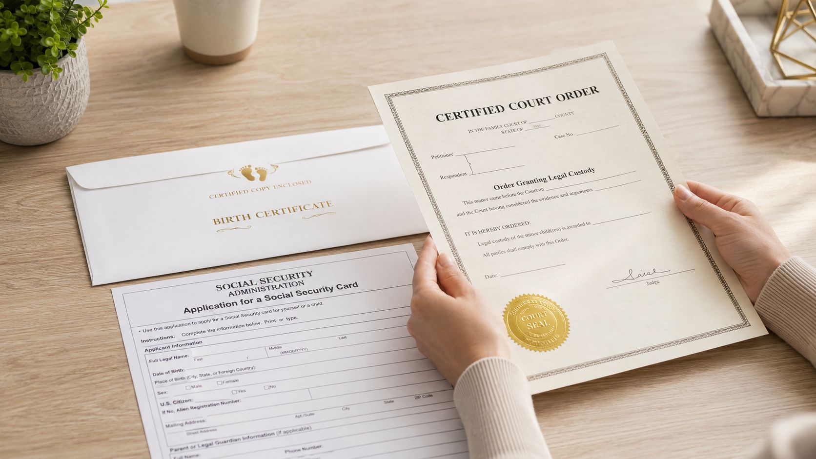 A person holds a certified court order for legal custody alongside a Social Security application and envelope.