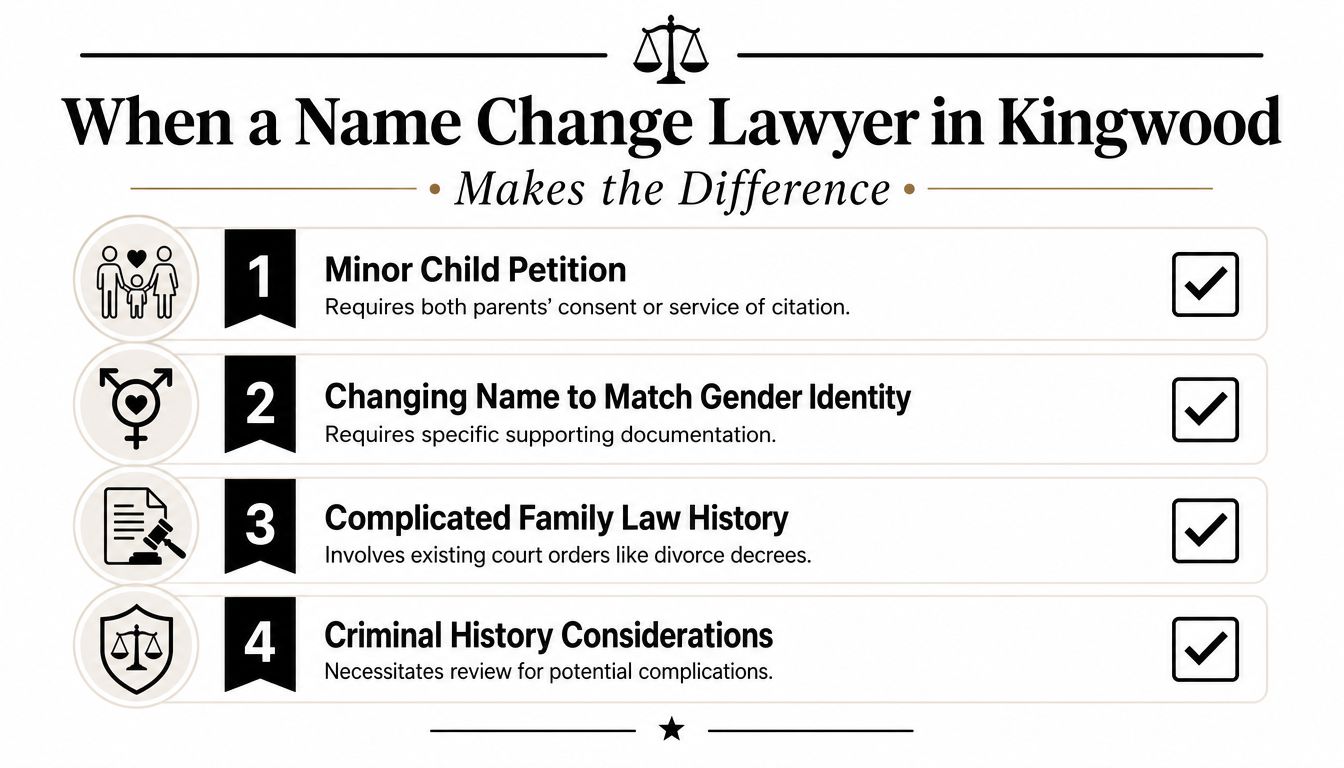 An infographic detailing four legal scenarios requiring a name change lawyer in Kingwood, Texas.