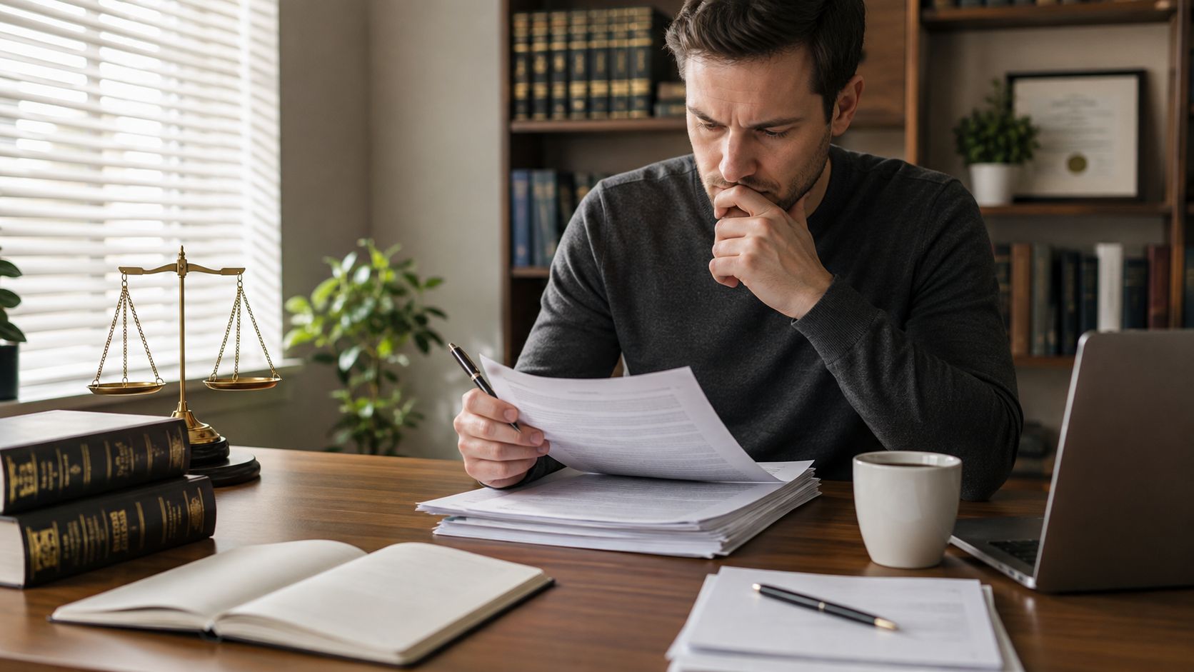 A professional man in a grey sweater reviews legal documents at his desk in an office.