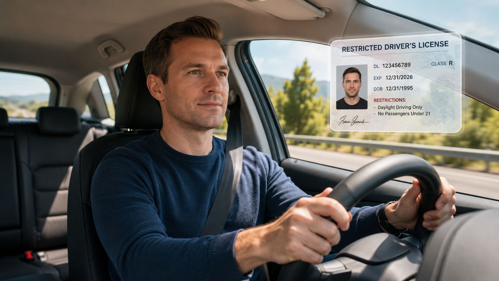 A man driving a car with a digital overlay of a restricted driver license visible nearby.