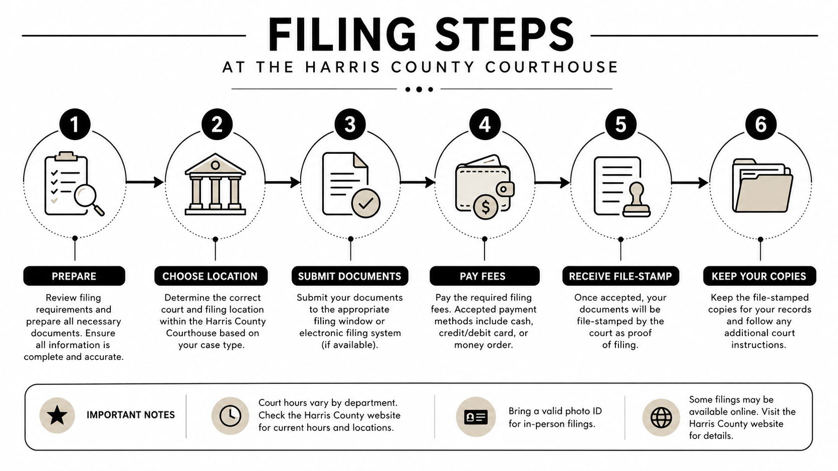 An infographic showing six sequential steps for filing documents at the Harris County Courthouse in Texas.