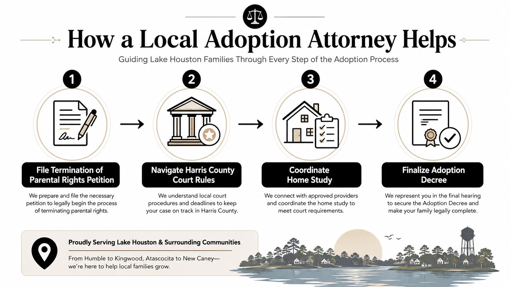A four-step infographic illustrating how a local adoption attorney guides families through the legal adoption process.