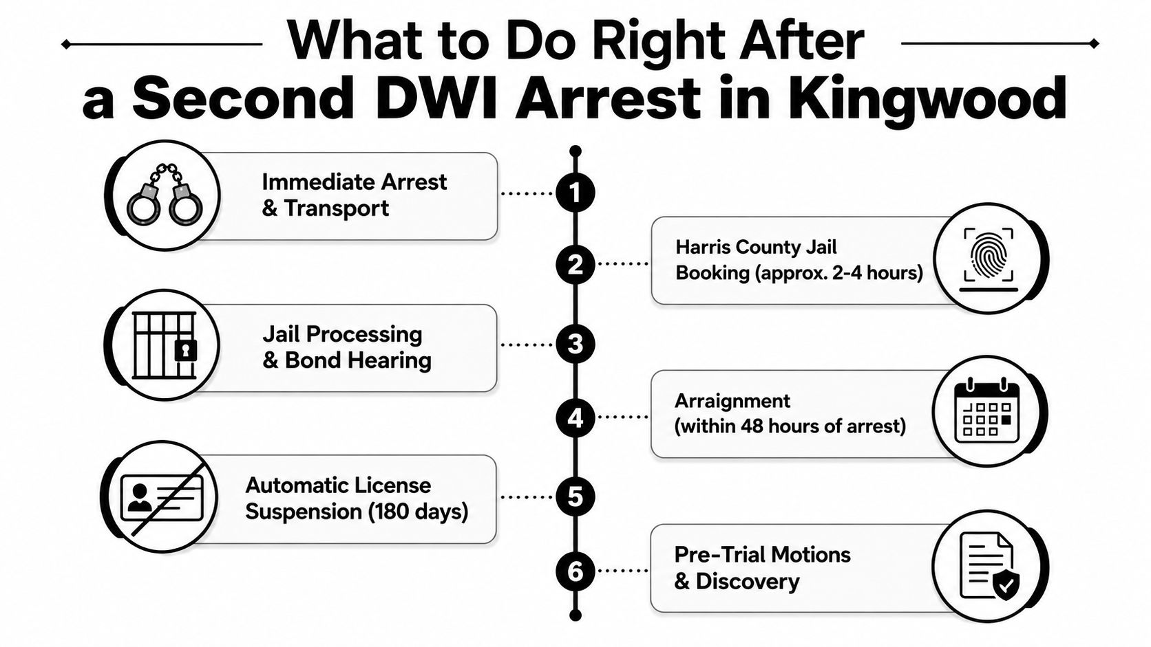 A timeline infographic detailing the legal process following a second DWI arrest in Kingwood, Texas.