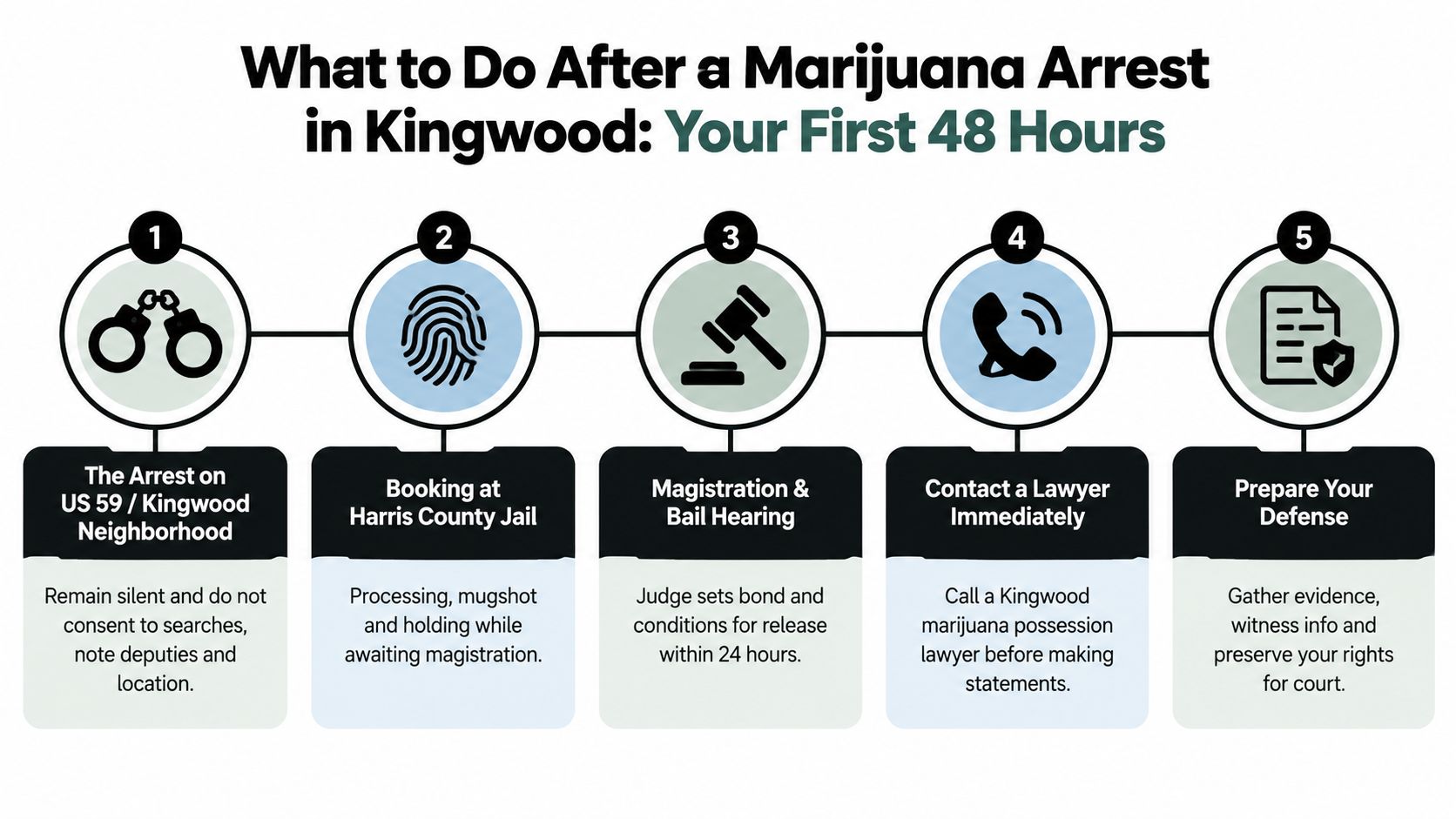 An infographic showing the five steps to take after a marijuana arrest in Kingwood, Texas.