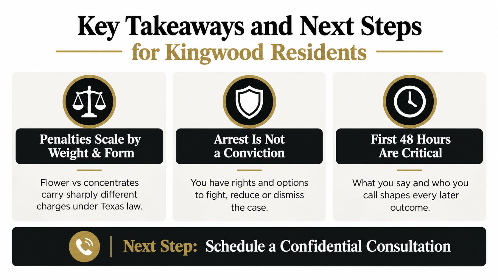 Informative infographic listing key takeaways for Kingwood residents regarding legal rights and marijuana possession charges in Texas.