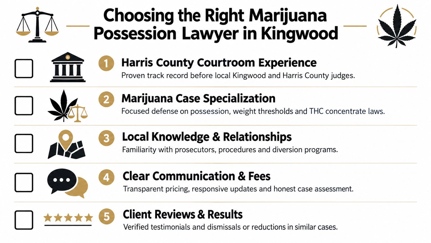 A checklist for choosing the right marijuana possession lawyer in Kingwood, Texas, featuring five key criteria.