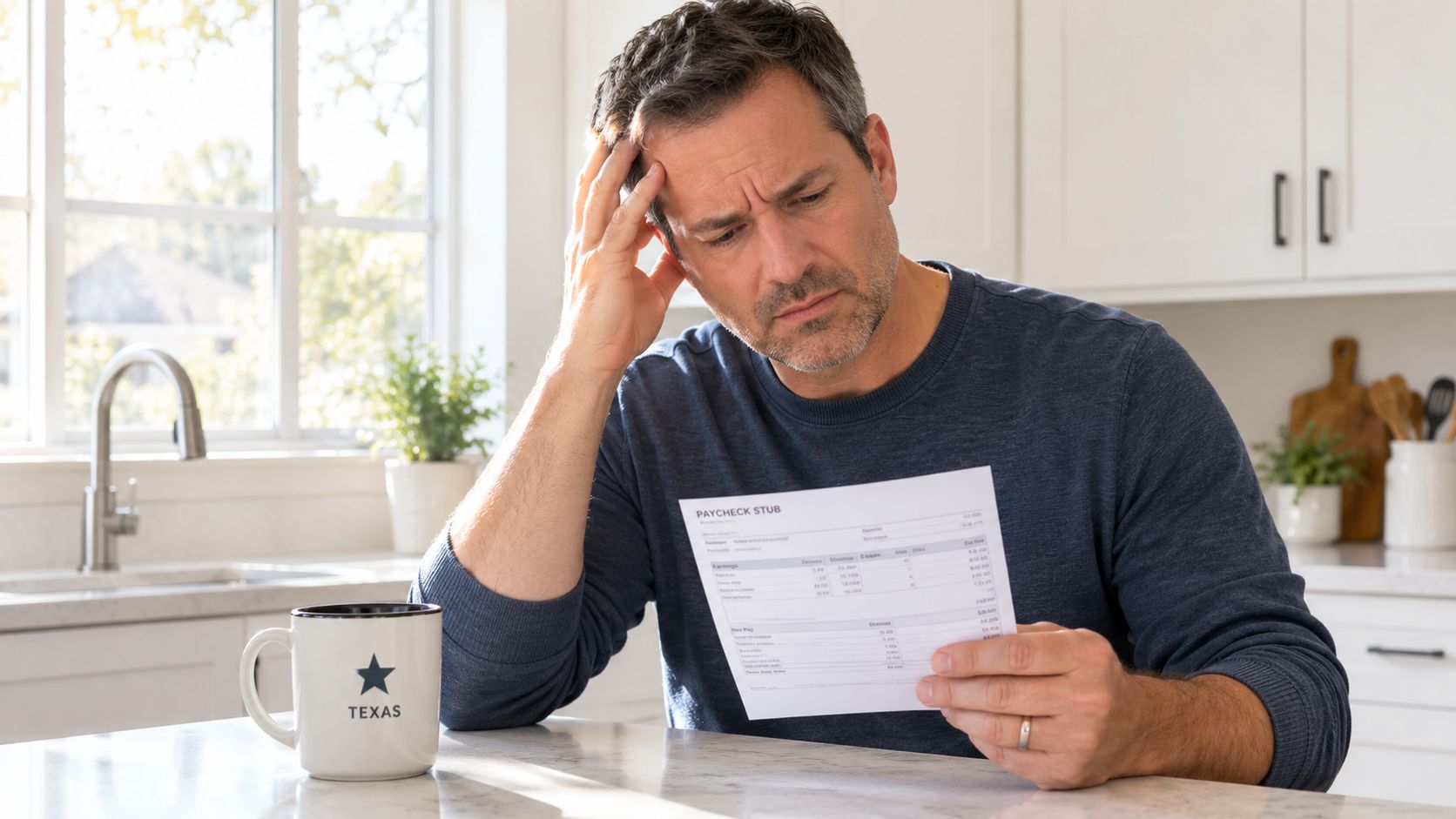 A middle-aged man looking stressed while reviewing his paycheck stub at a kitchen table in his home.