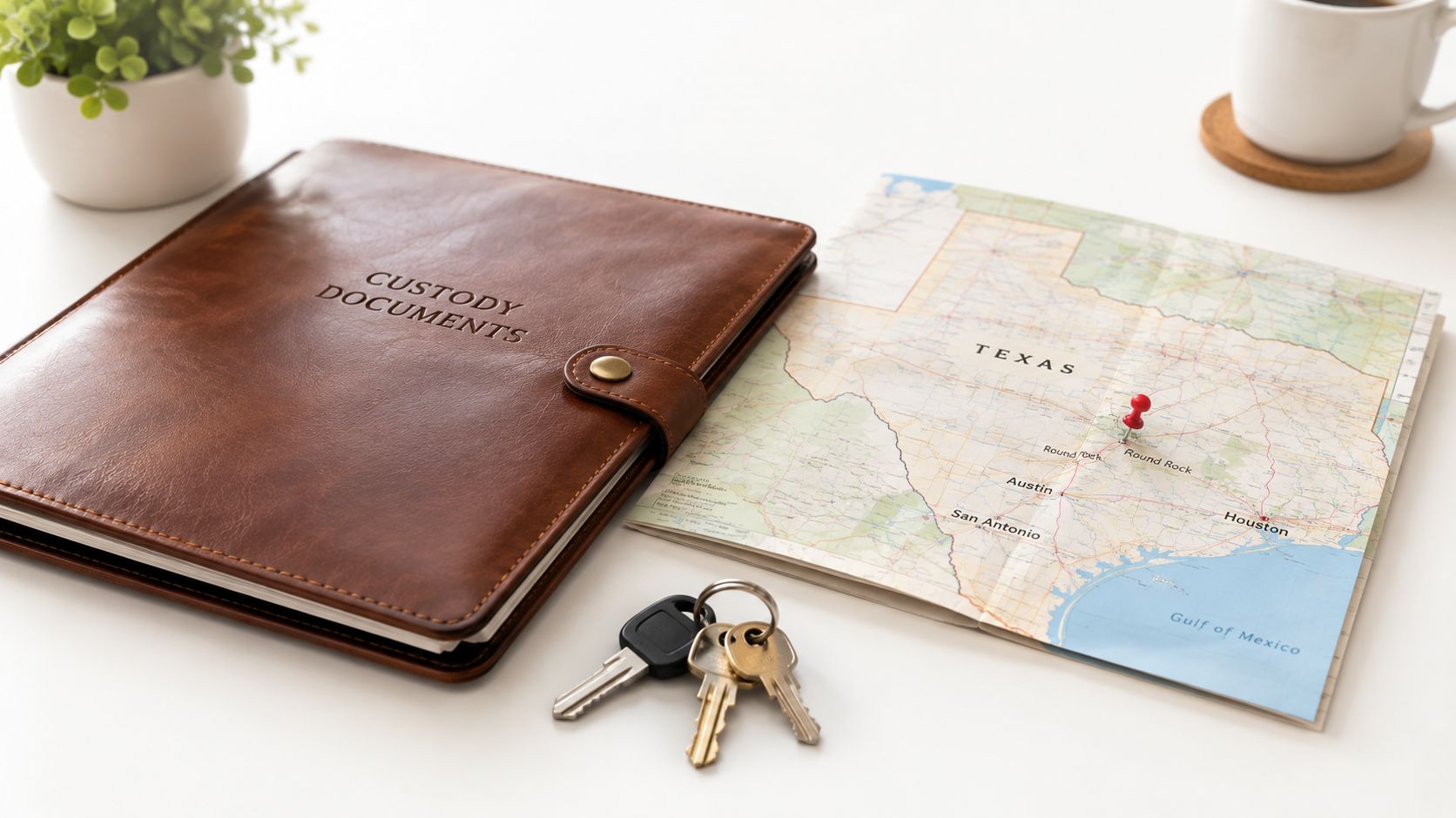 A leather custody document folder, a set of house keys, and a Texas map with a pin.