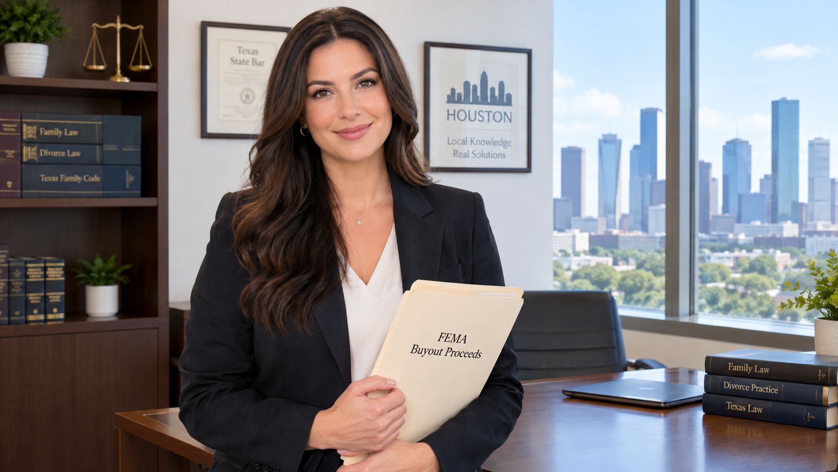 A professional female attorney holding a file folder labeled FEMA Buyout Proceeds in a modern law office.
