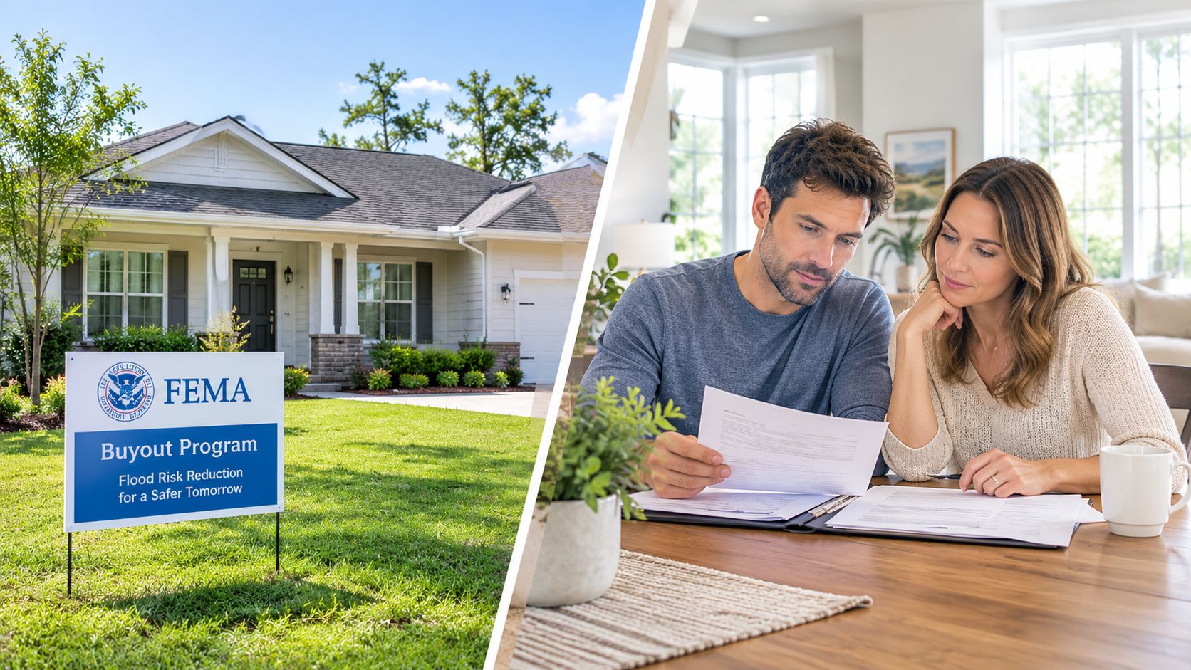 A split image showing a FEMA flood buyout sign in front of a house and a couple reviewing documents.