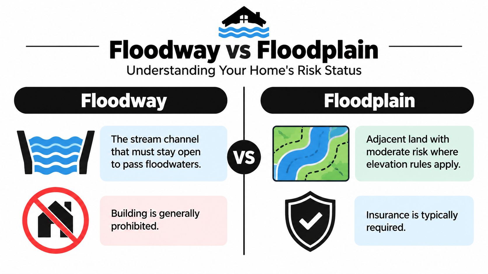 A comparison chart explaining the difference between a floodway and a floodplain for homeowners' risk assessment.