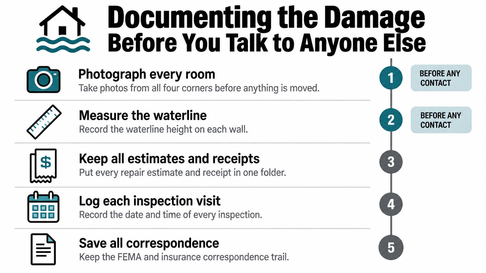 An infographic titled Documenting the Damage Before You Talk to Anyone Else, listing five steps for flood recovery.