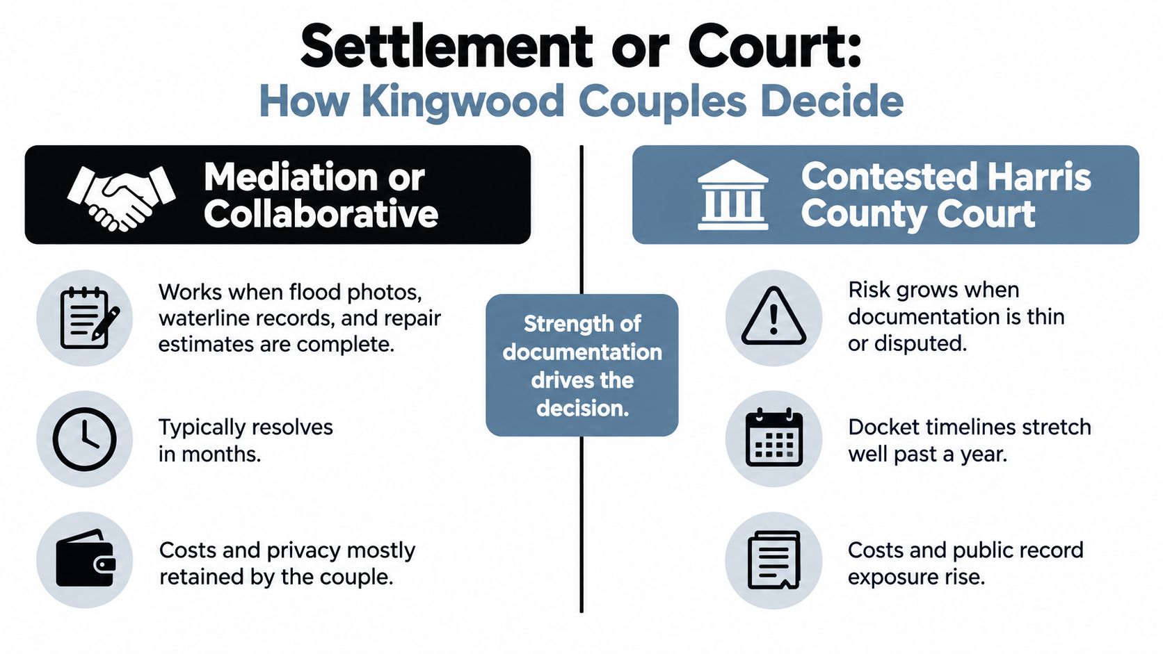 A comparison chart showing how Kingwood couples decide between mediation or court for legal settlement processes.