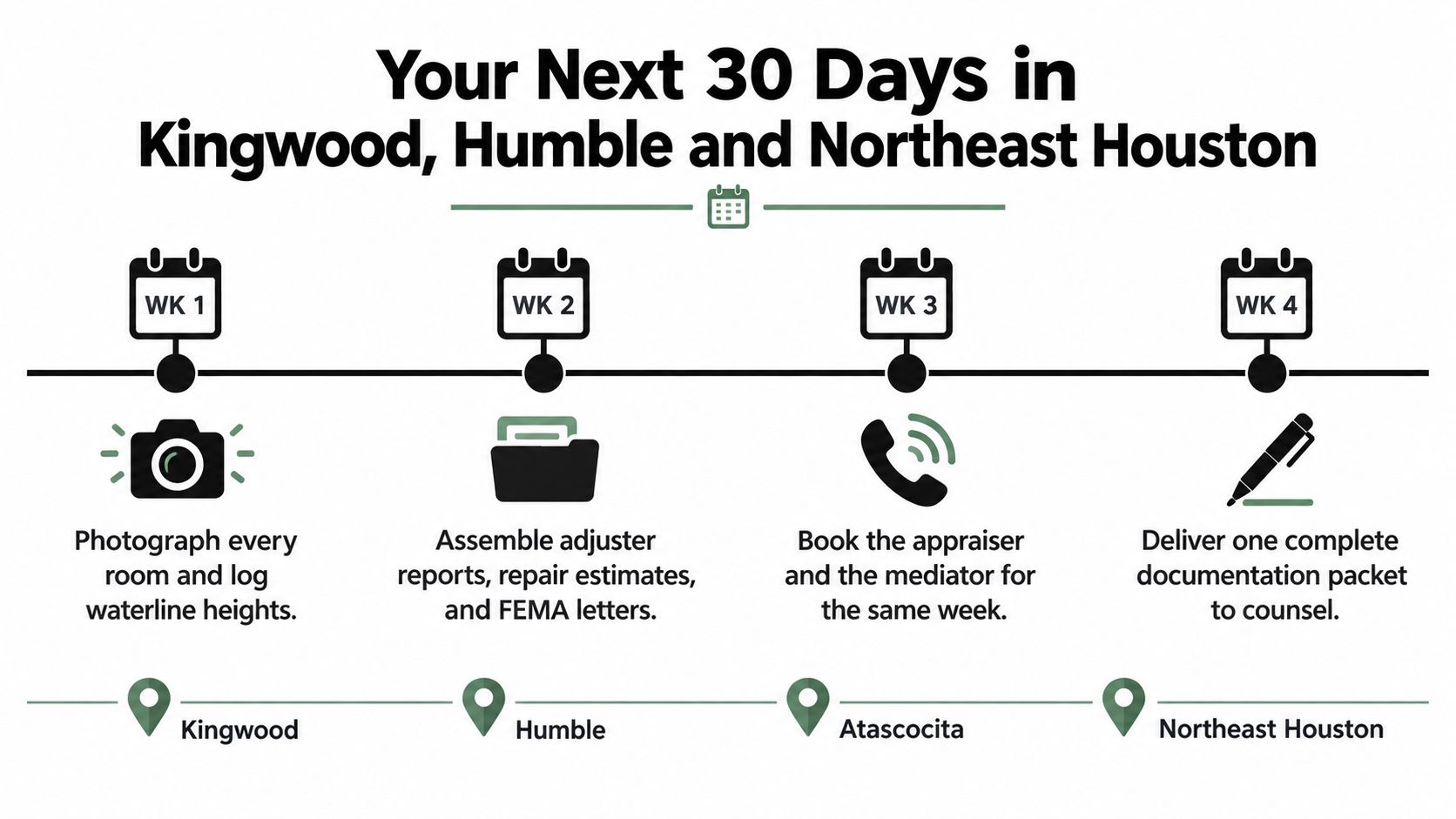 A timeline graphic outlining a four-week plan for documenting flood damage in homes for legal purposes.
