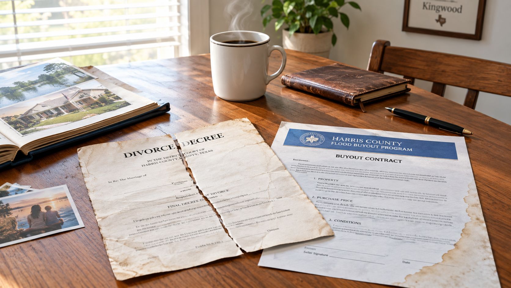 A table with a divorce decree, a Harris County flood buyout contract, a coffee cup, and photos.