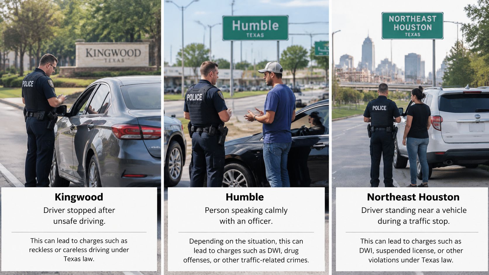Police officers interacting with drivers during various traffic stops in Kingwood, Humble, and Northeast Houston, Texas.