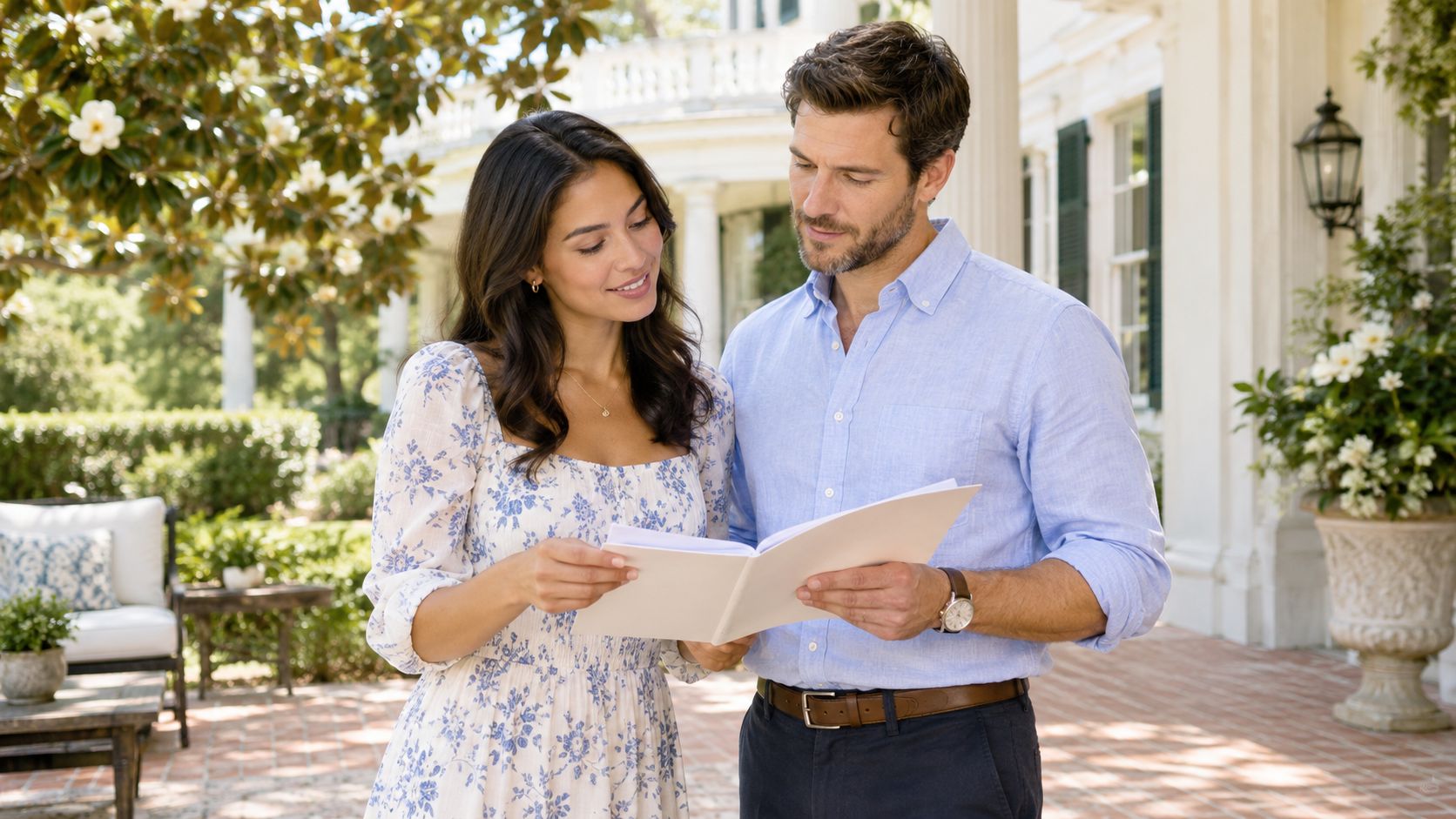 A couple reading a legal document together while standing on a sunlit residential patio in Texas.