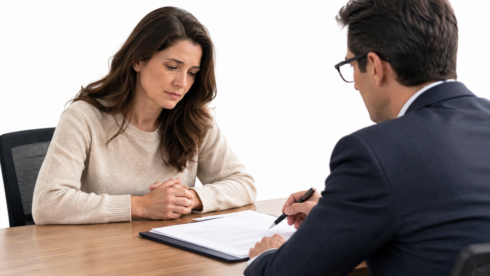 A concerned woman listening to a professional man in a suit while reviewing legal documentation together.