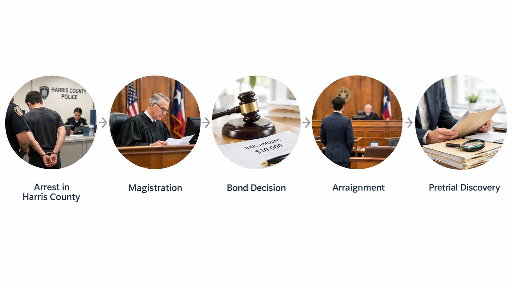 A visual flow chart showing the stages of the criminal justice process from arrest to pretrial discovery.