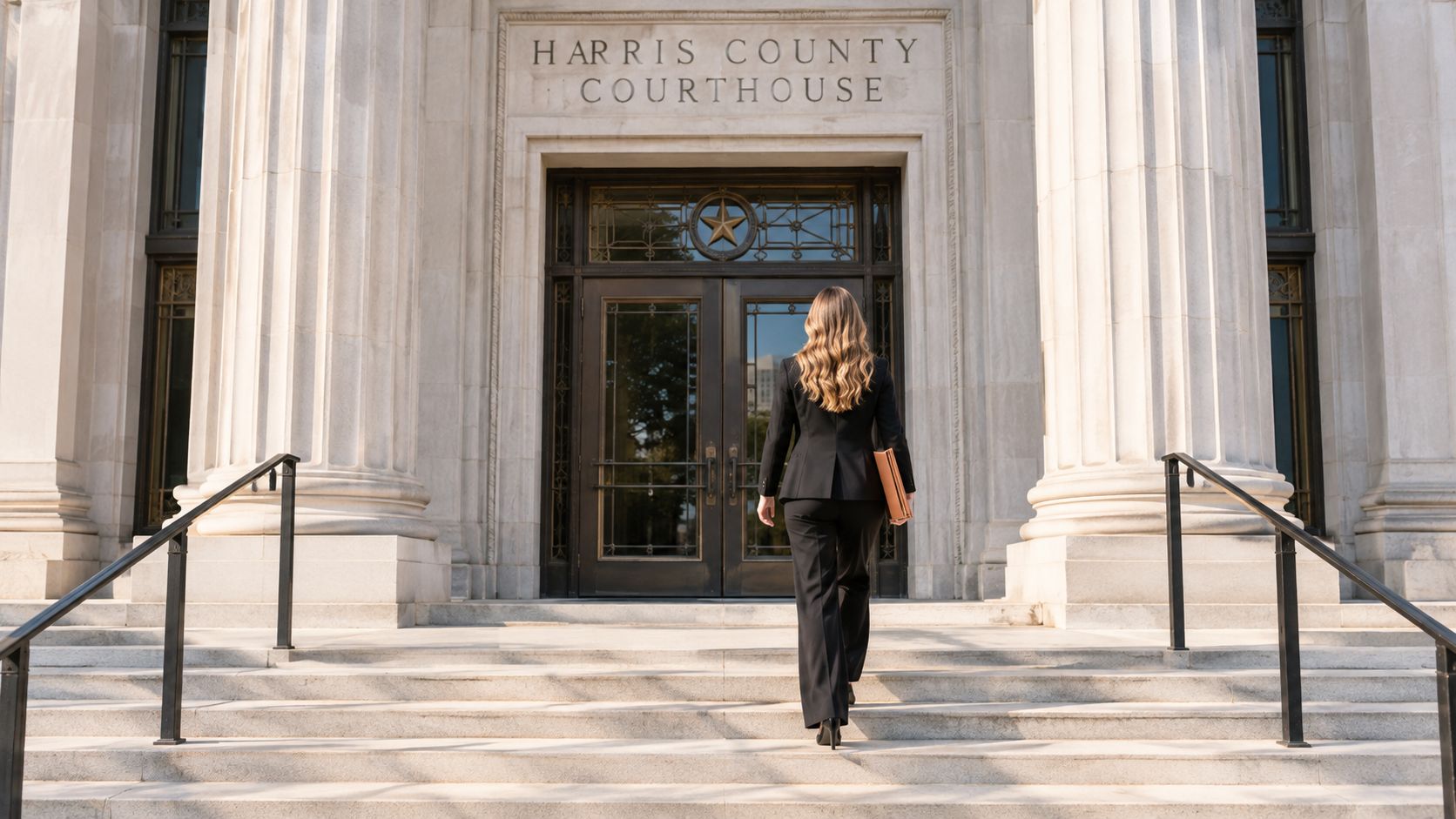 A professional woman in a suit walking up the stairs toward the Harris County Courthouse entrance.