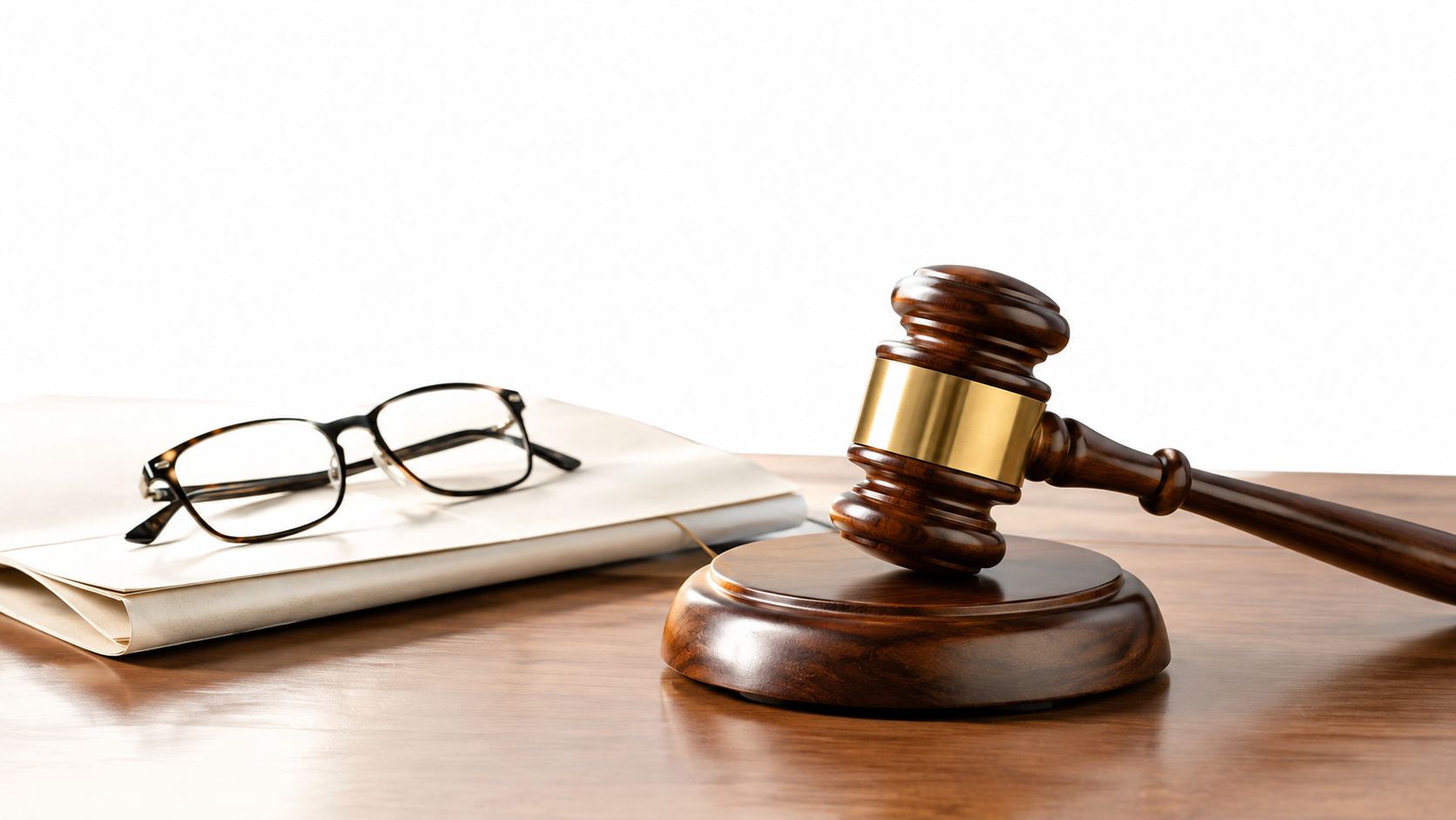 A wooden judge's gavel and a pair of reading glasses resting on top of legal documents.