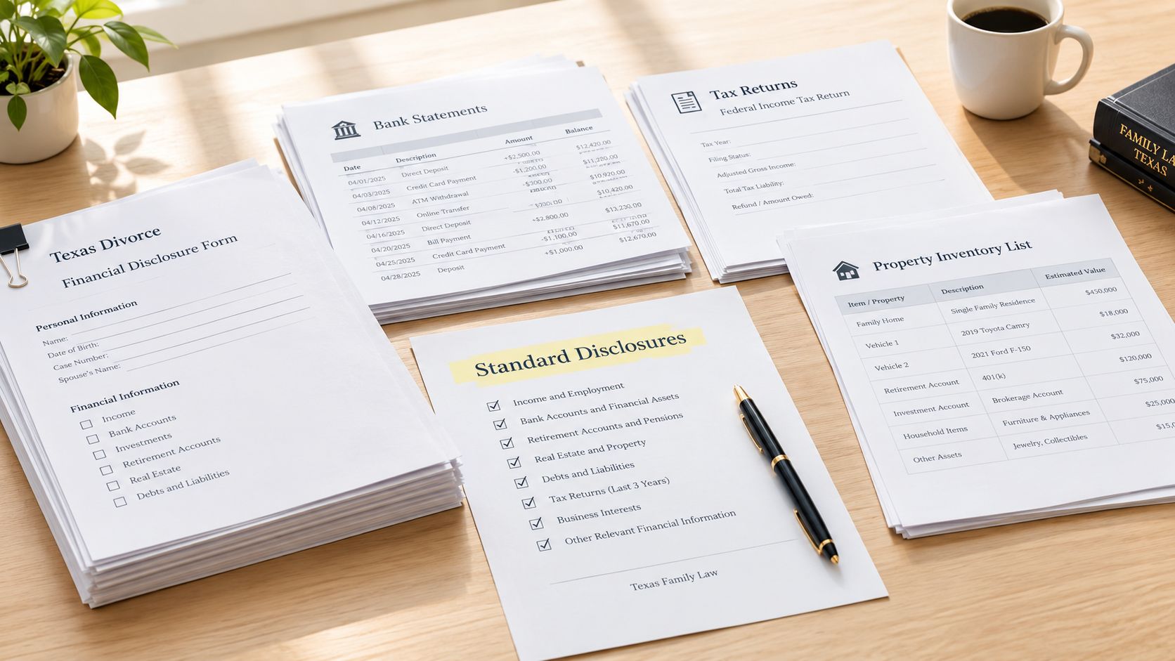 A professional desk arrangement displaying Texas divorce financial disclosure forms, bank statements, and tax documents for legal review.